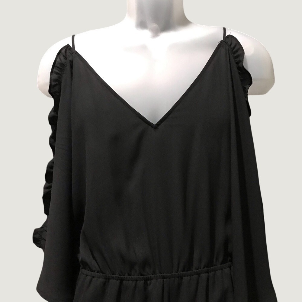 Bold Elements Black Chiffon Flowy Ruffled Split Cold-Shoulder Romper - Picture 3 of 12